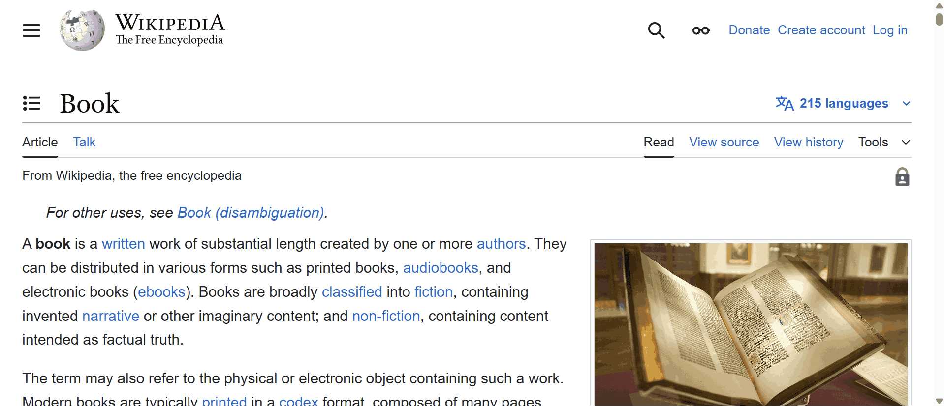 Скрийншот от Wikipedia статията за книгата, показващ основната дефиниция, структура и визуален пример на печатно издание.